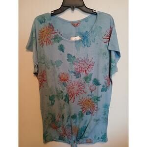 New SJS Blue Floral Print Tie Waist Tshirt Long Length Tee Shirt Top Casual 2X